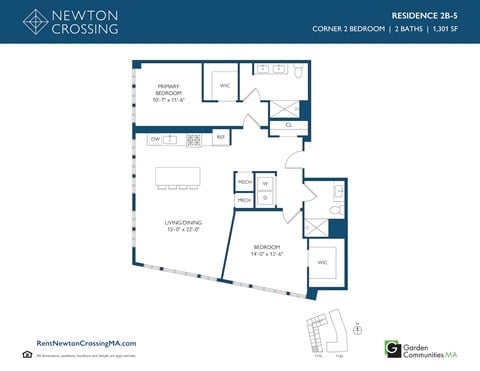 Floor plan for 2 beds, 2 baths, 1301 sqft